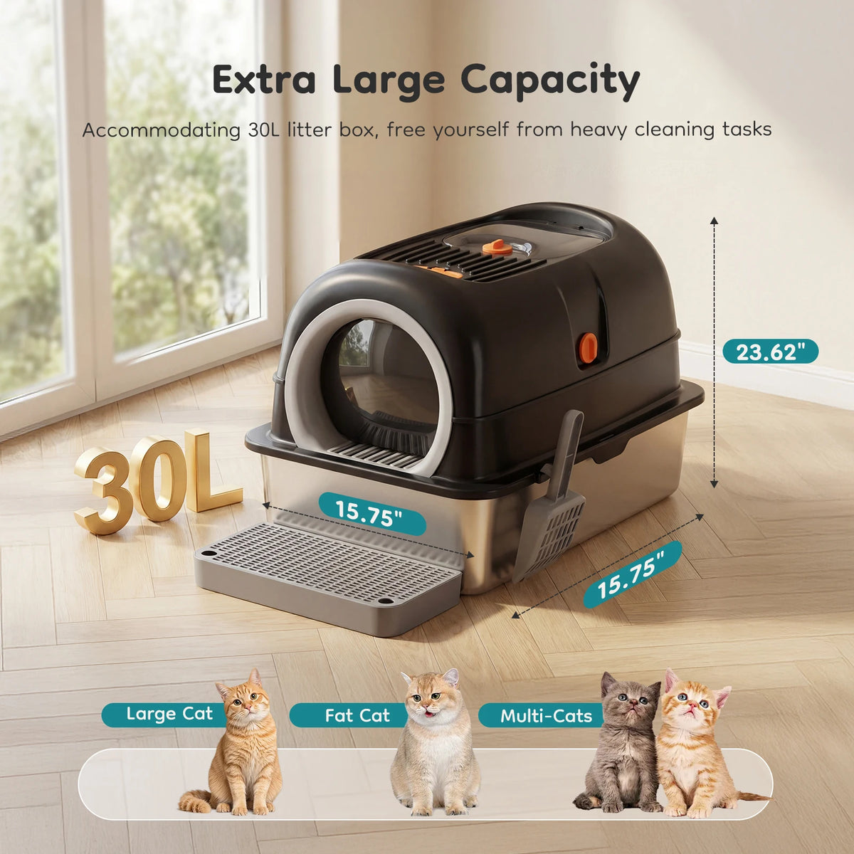 Fully Enclosed Stainless Steel Cat Litter Box Includes Scoop