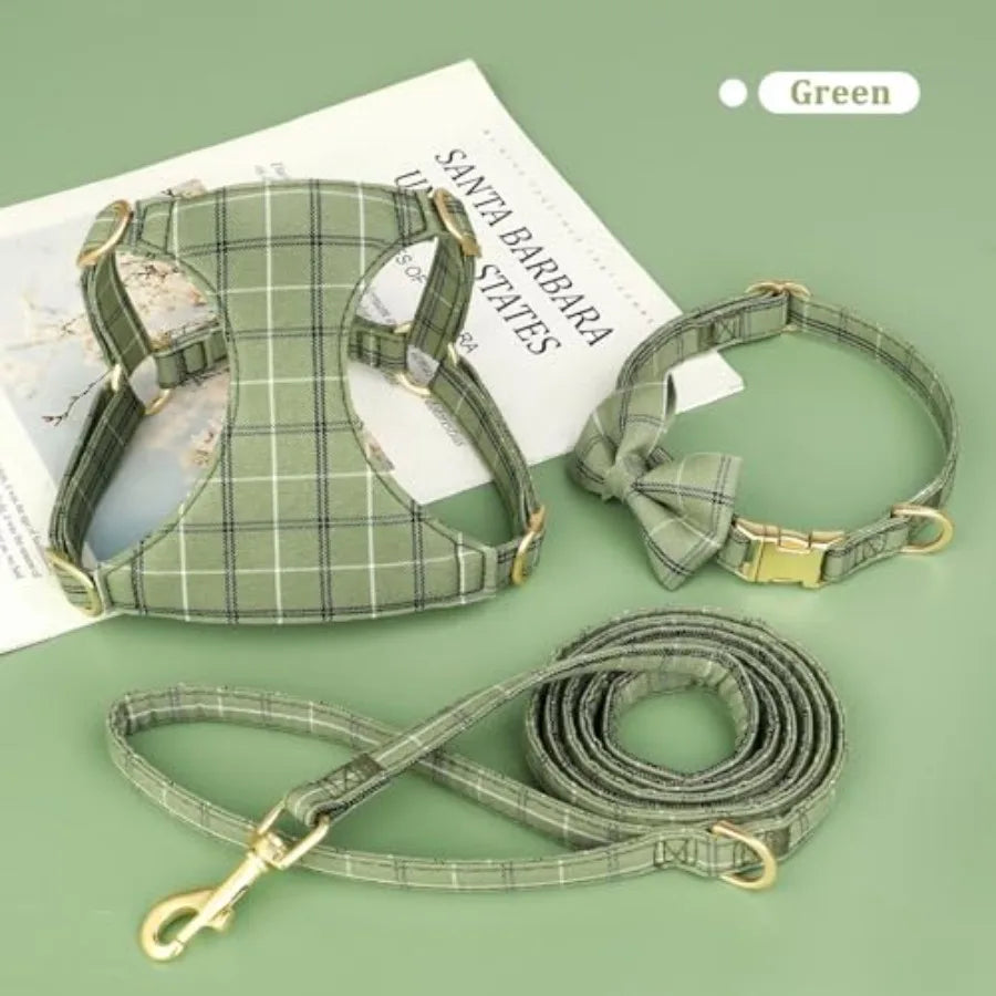 Soft Adjustable Plaid Harness Collar and Leash Set with Bowtie