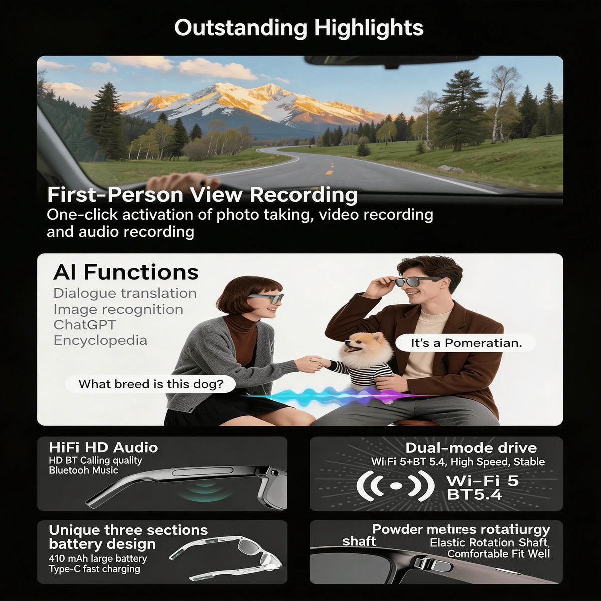 W&O 4K Camera Glasses With AI Translation And Open Ear Audio