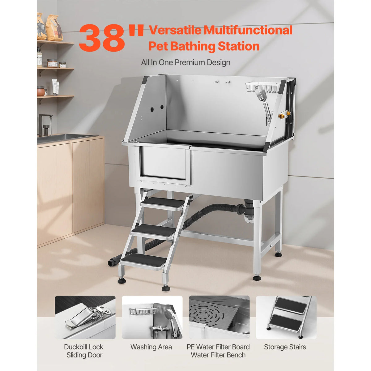 SucceBuy Stainless Steel Dog Grooming Tub With Storage And Faucet