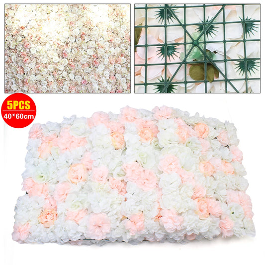 5Pcs Pink Artificial Flower Wall Backdrop  40x60cm Silk Rose Floral Panel for Home Party Wedding Birthday Baby Shower Backdrop Decoration