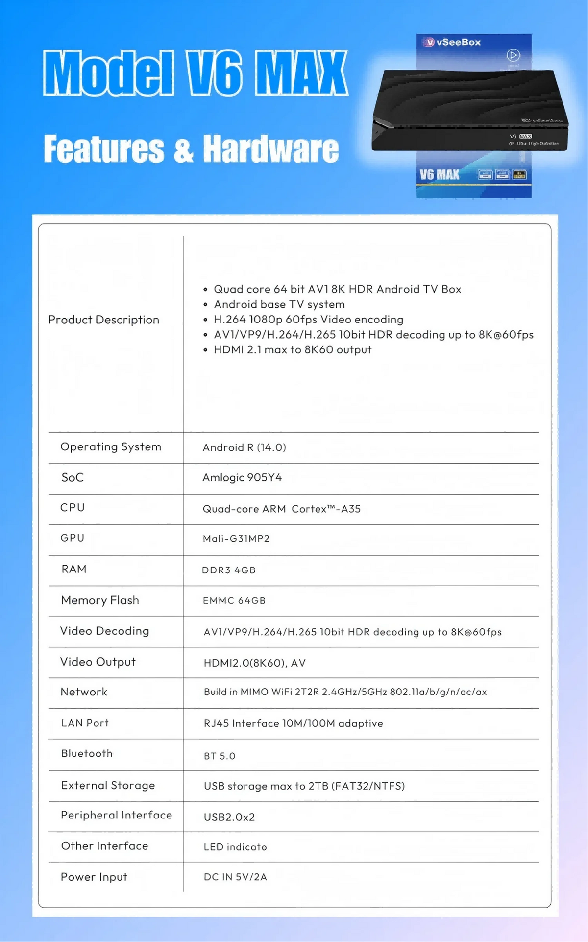 vSeeBox V6 Max Android Smart TV Streaming Box Dual Band WiFi
