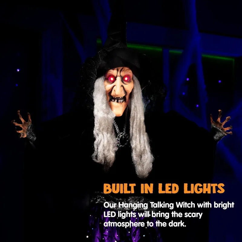 47'' Animated Witch Halloween Decorations Outdoor Indoor Scary Halloween Animatronics Decor, Hanging Ghost Talking Sound Activated Led Lights Eyes Haunted House Yard Garden Lawn