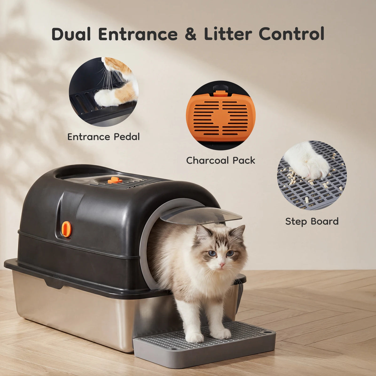 Fully Enclosed Stainless Steel Cat Litter Box Includes Scoop