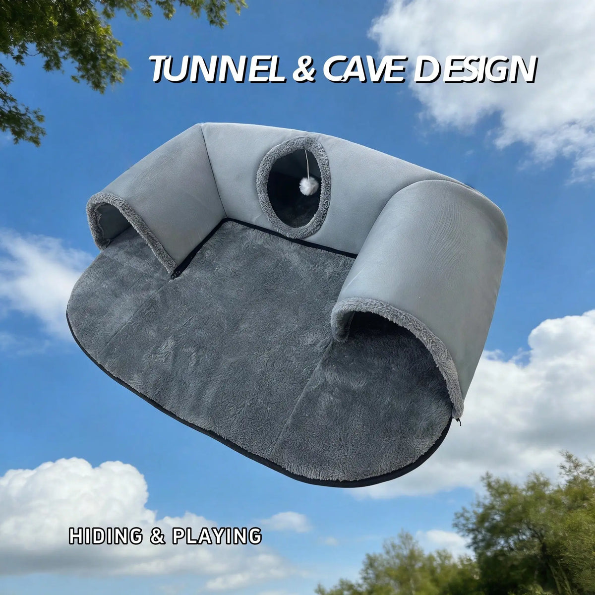 Premium Cat Tunnel Bed With Plush Cushion And Hideaway Cave