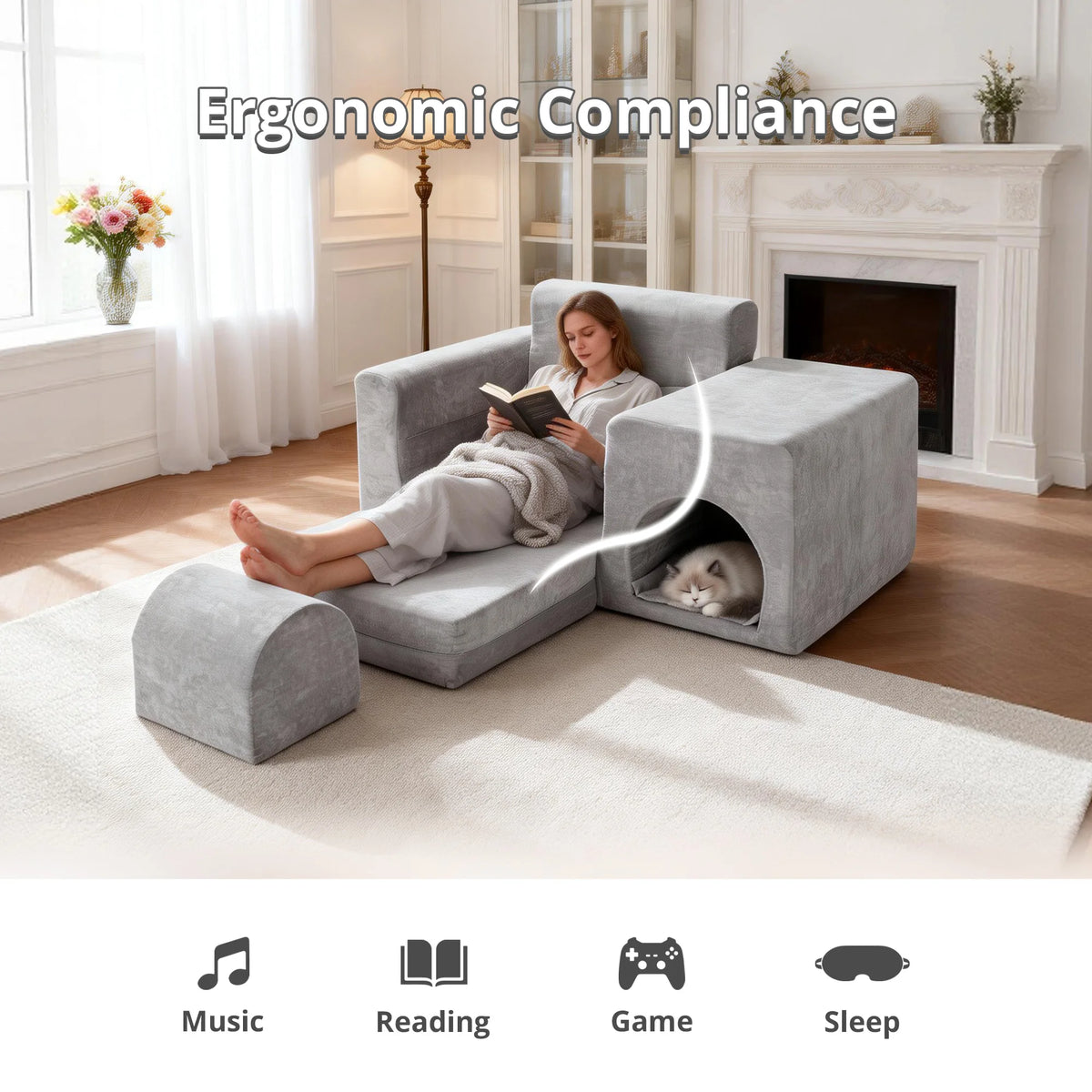 Convertible Pet Friendly Sofa Bed With Ottoman Easy Clean Upholstery