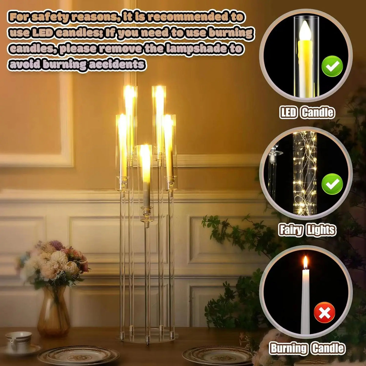 8Sets Acrylic Candelabra Centerpieces for Wedding with LED Candles 33.9 Inches 5 Arm Candlestick Holder with Acrylic Shade for D
