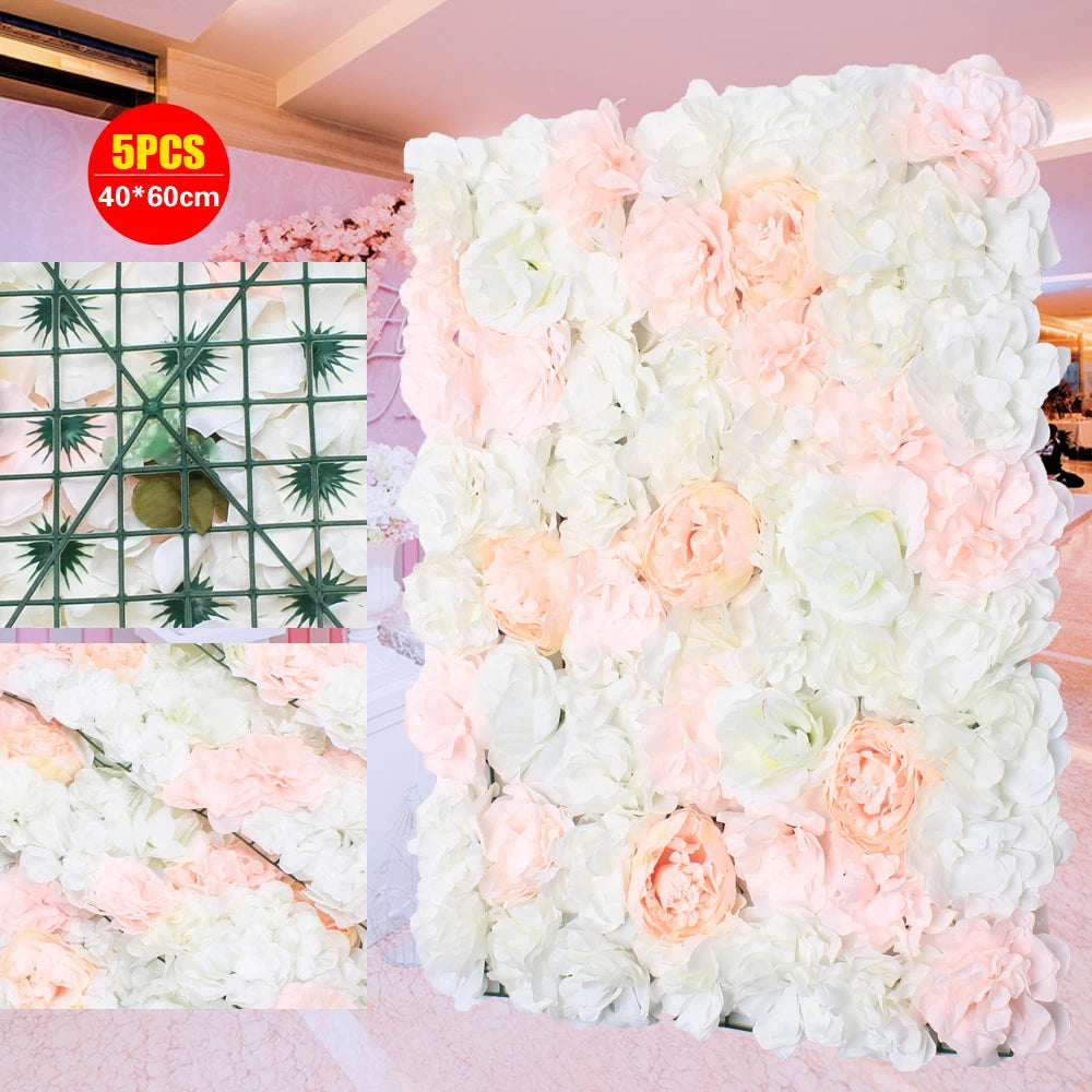 5Pcs Pink Artificial Flower Wall Backdrop  40x60cm Silk Rose Floral Panel for Home Party Wedding Birthday Baby Shower Backdrop Decoration