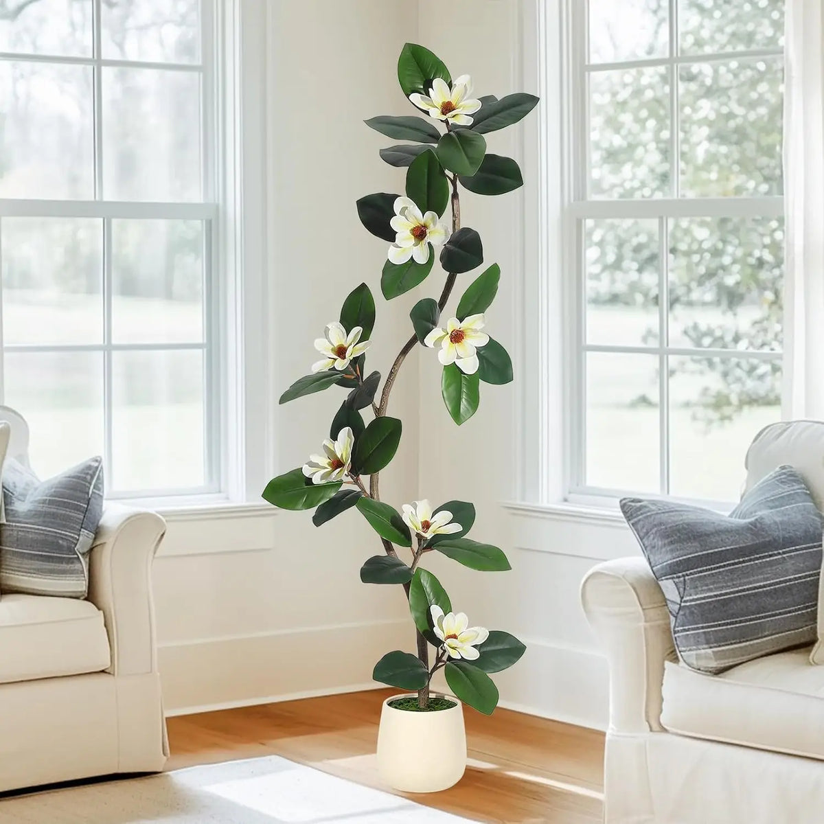 5-7FT Artificial Magnolia Tree, S-Curve Trunk, White Planter | S-shaped curved trunk, lifelike white magnolia flowers, lush green leaves, adjustable stems, cement-weighted white planter