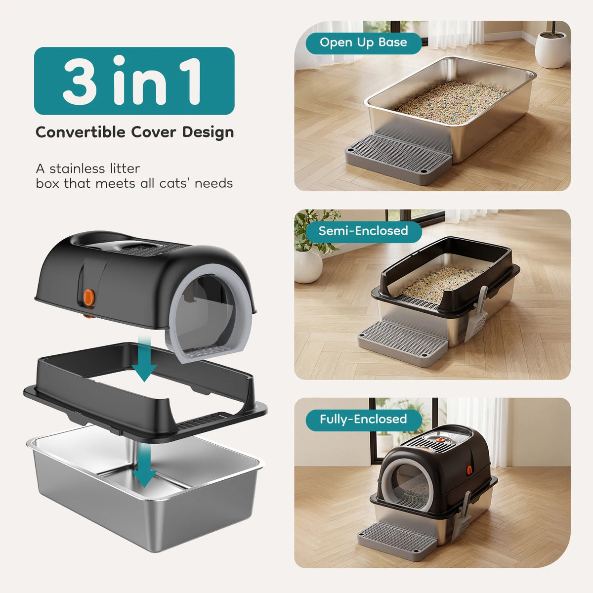 Fully Enclosed Stainless Steel Cat Litter Box Includes Scoop