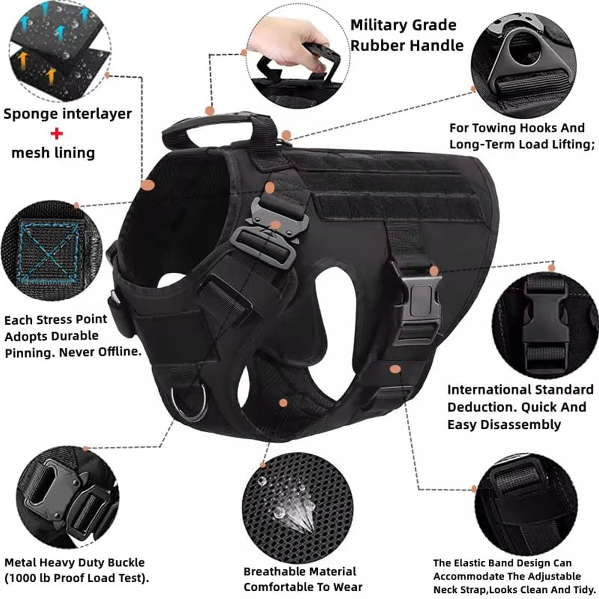 Adjustable Tactical Nylon Dog Harness With Quick Release