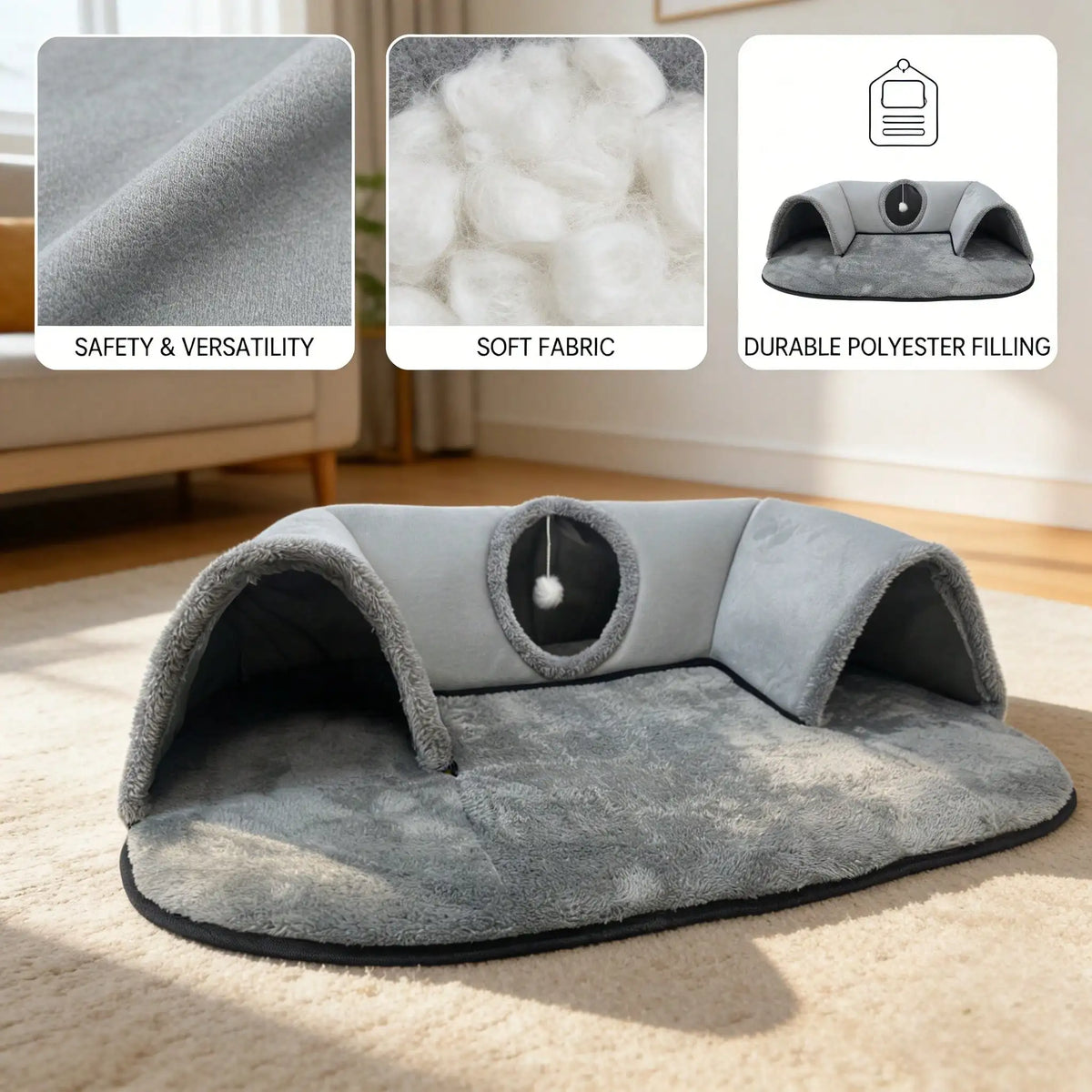 Premium Cat Tunnel Bed With Plush Cushion And Hideaway Cave