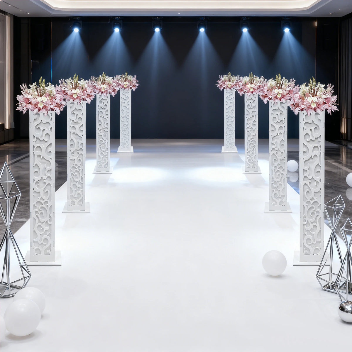 8Pcs Wedding Flower Columns 47 Inch Tall PVC Hollow Out Stand with LED Lights Cloud Pattern for Party Birthday Outdoor Decor