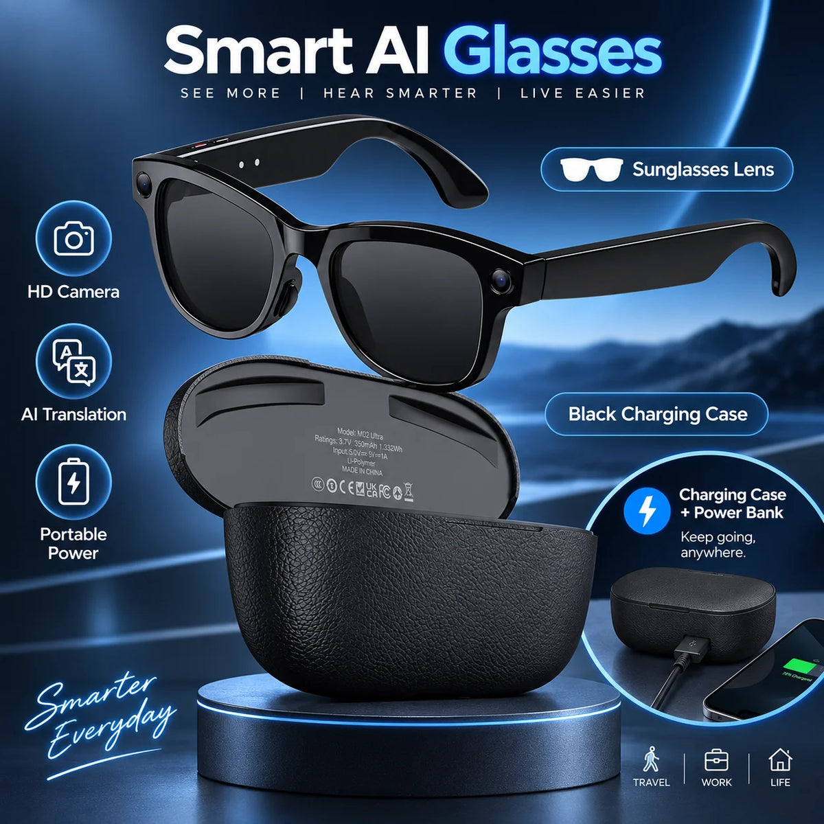 Smart AI Camera Glasses With Bluetooth Translation And Music Playback