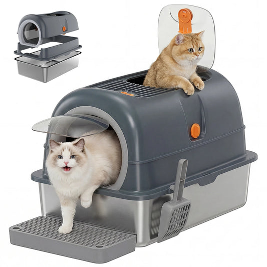 Fully Enclosed Stainless Steel Cat Litter Box Includes Scoop