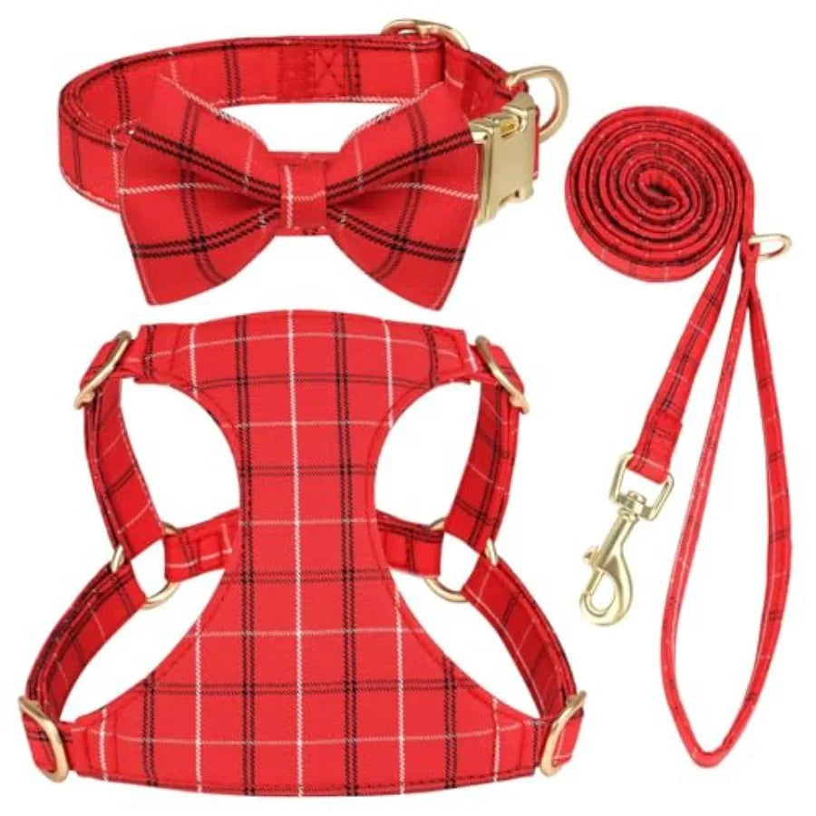 Soft Adjustable Plaid Harness Collar and Leash Set with Bowtie