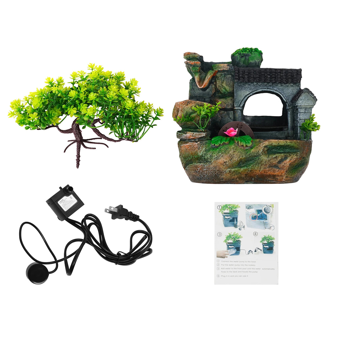 Tabletop Fountain Ornament, Tabletop Fountain, Flowing Water Resin Decor, Imitation Rock Bonsai, Durable Desktop Water Feature, Nature Style, 110V US Plug, Indoor Office Living Room Decoration, Hand-Carved Simulation Plant Wh