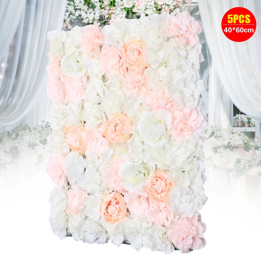 5Pcs Pink Artificial Flower Wall Backdrop  40x60cm Silk Rose Floral Panel for Home Party Wedding Birthday Baby Shower Backdrop Decoration