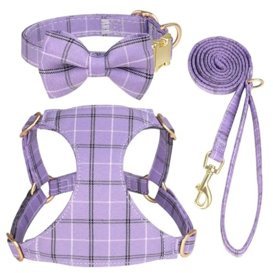 Soft Adjustable Plaid Harness Collar and Leash Set with Bowtie