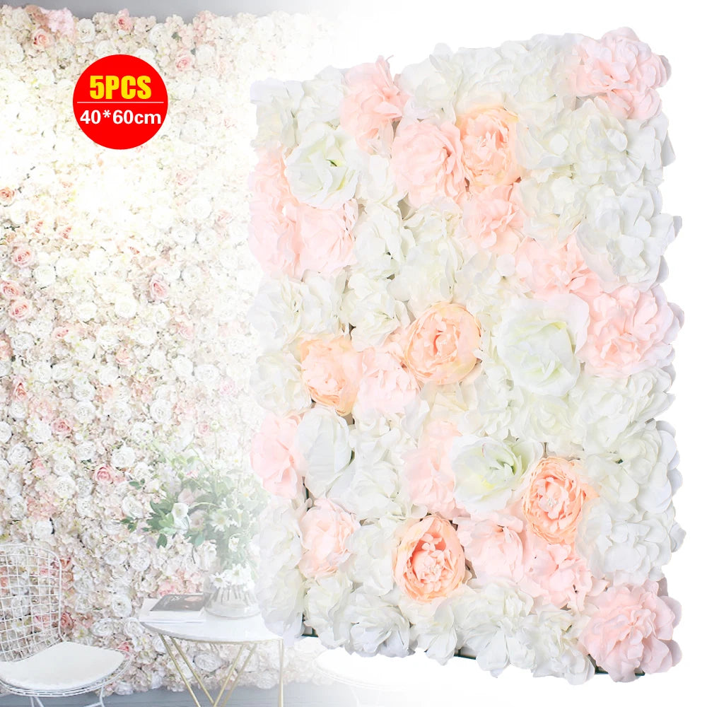 5Pcs Pink Artificial Flower Wall Backdrop  40x60cm Silk Rose Floral Panel for Home Party Wedding Birthday Baby Shower Backdrop Decoration