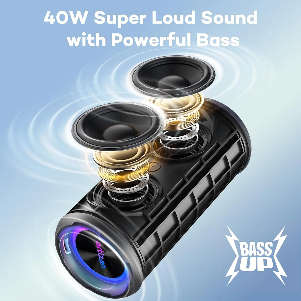 Ortizan Waterproof Bluetooth Speaker With Deep Bass And RGB Lighting