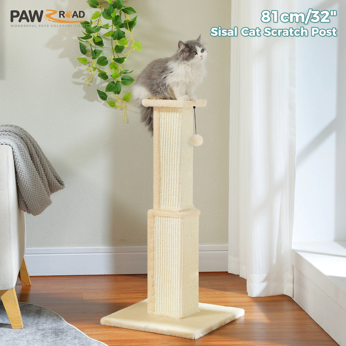 PAWZ Road Large Cat Scratching Post For Indoor Cats With Woven Sisal Ball