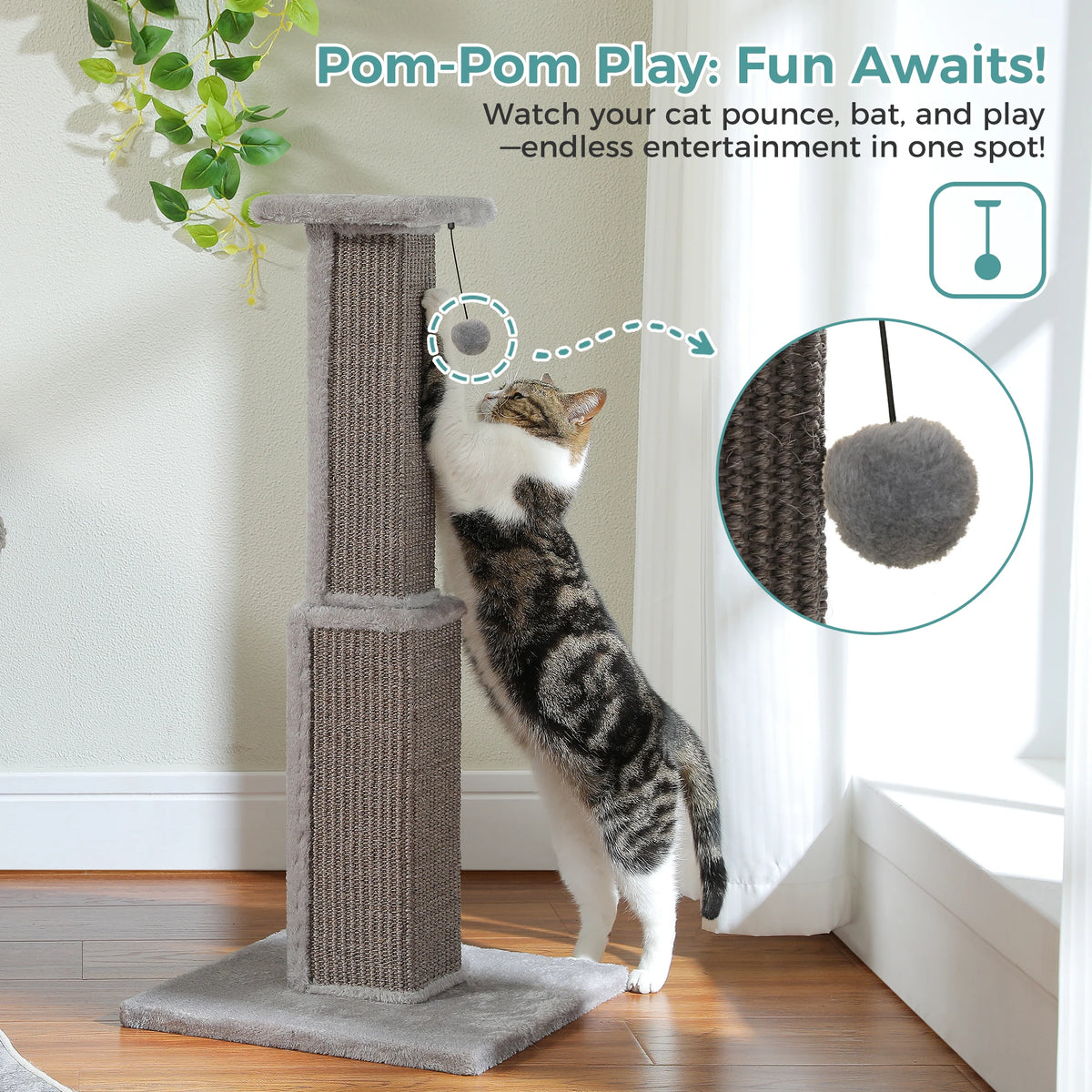 PAWZ Road Large Cat Scratching Post For Indoor Cats With Woven Sisal Ball