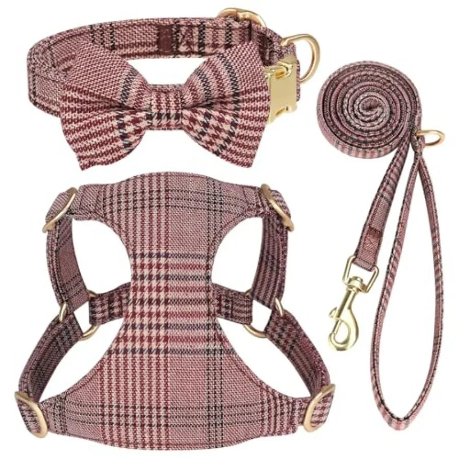Soft Adjustable Plaid Harness Collar and Leash Set with Bowtie