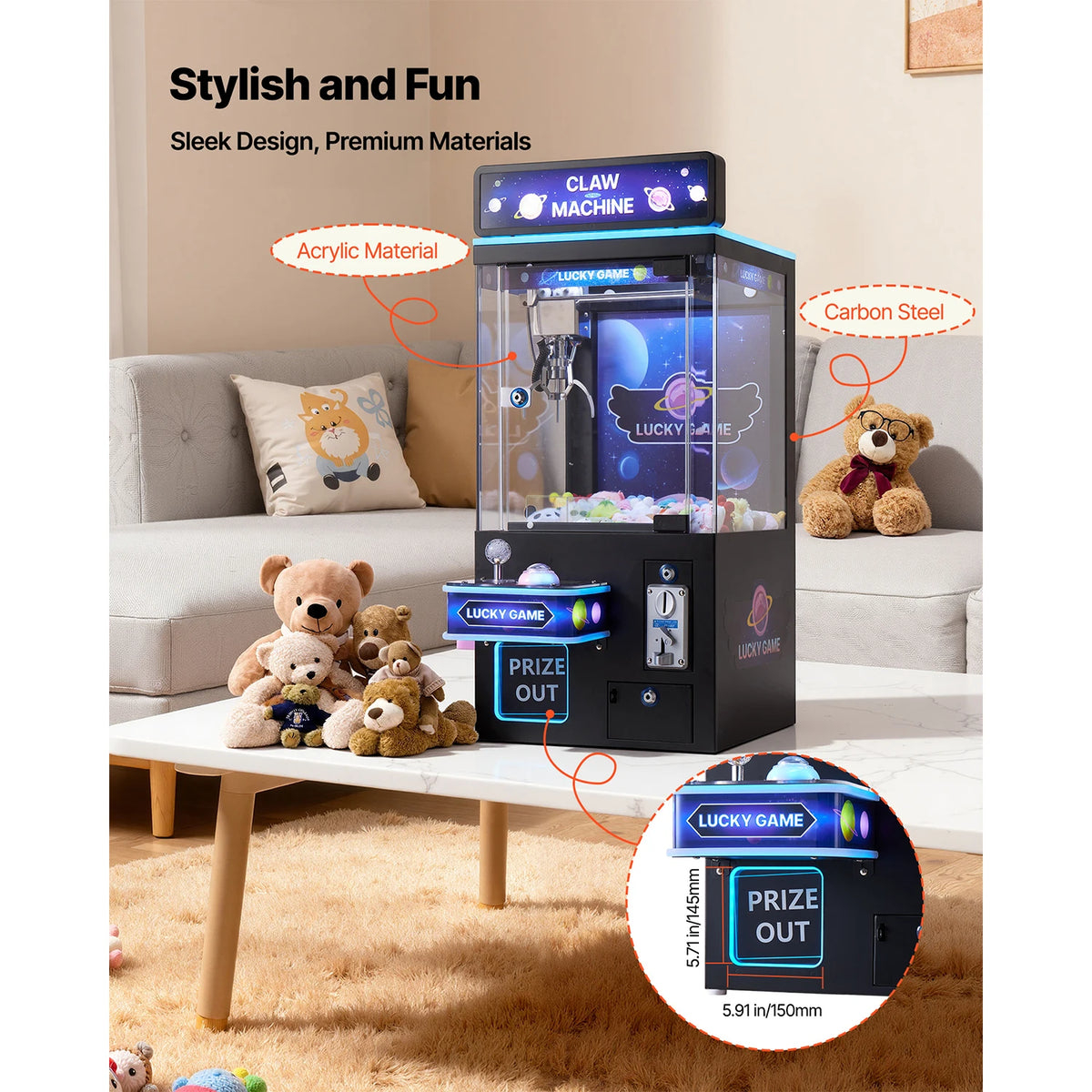SucceBuy Claw Crane Machine Adjustable Steel Claws Precise Candy Grabber Prize Dispenser Vending Toy for Commercial Home Cinema