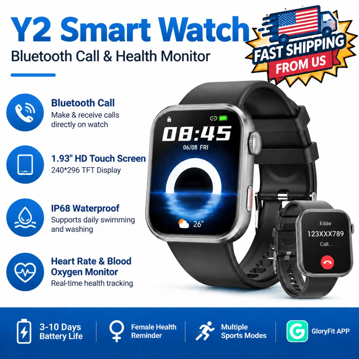 Y2 Smart Watch With Bluetooth Calling Fitness And Health Tracking