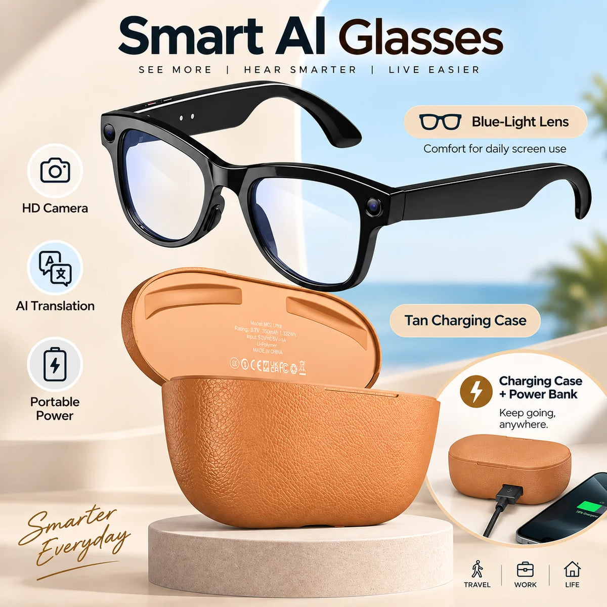 Smart AI Camera Glasses With Bluetooth Translation And Music Playback