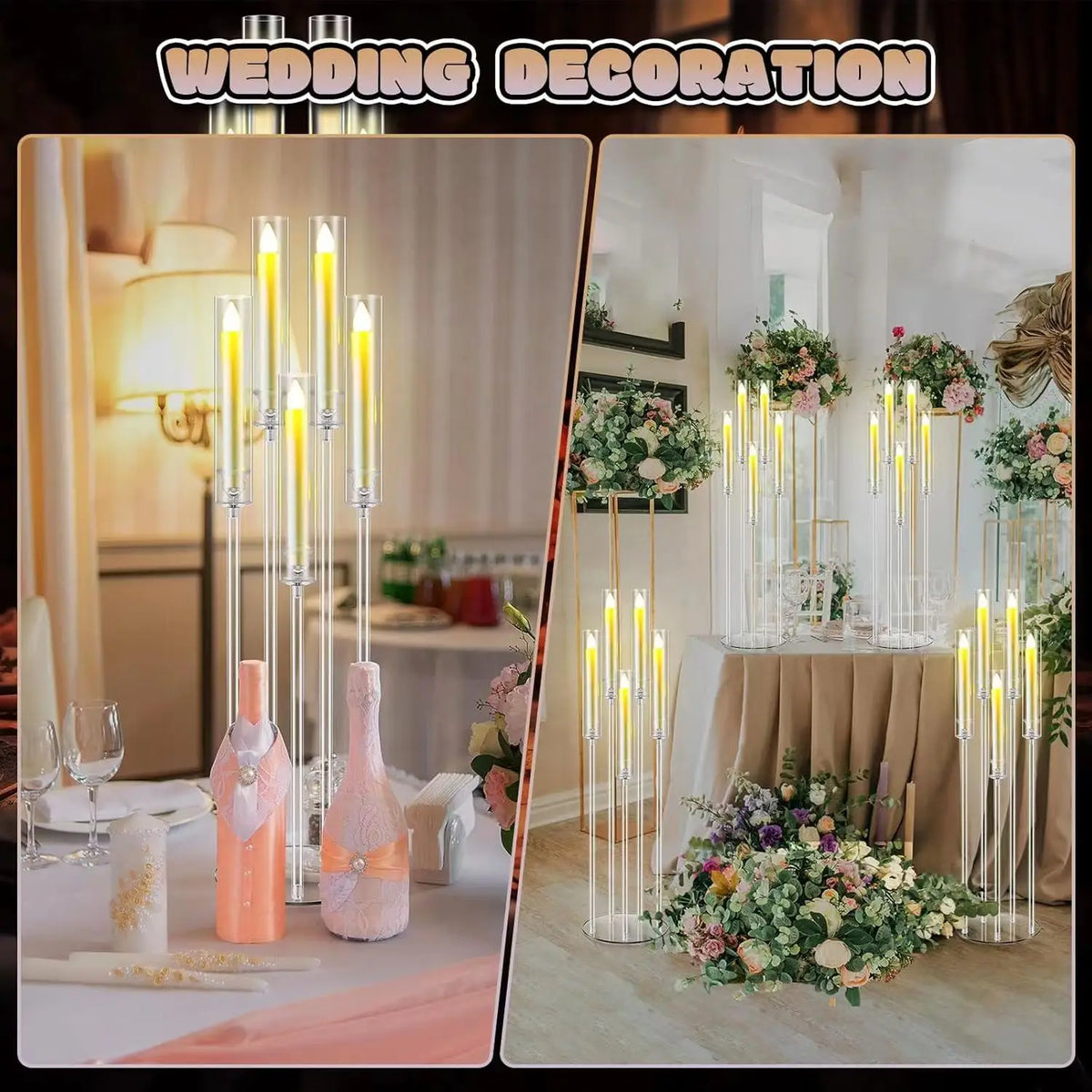 8Sets Acrylic Candelabra Centerpieces for Wedding with LED Candles 33.9 Inches 5 Arm Candlestick Holder with Acrylic Shade for D