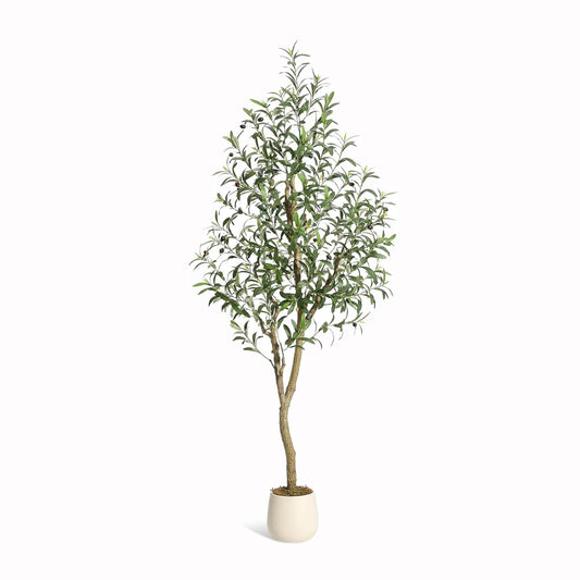 Olive Trees Artificial Indoor, 5-7ft Tall Faux Silk Plant - Fake Potted Tree with White Planter, Artificial Plants for Home Offi