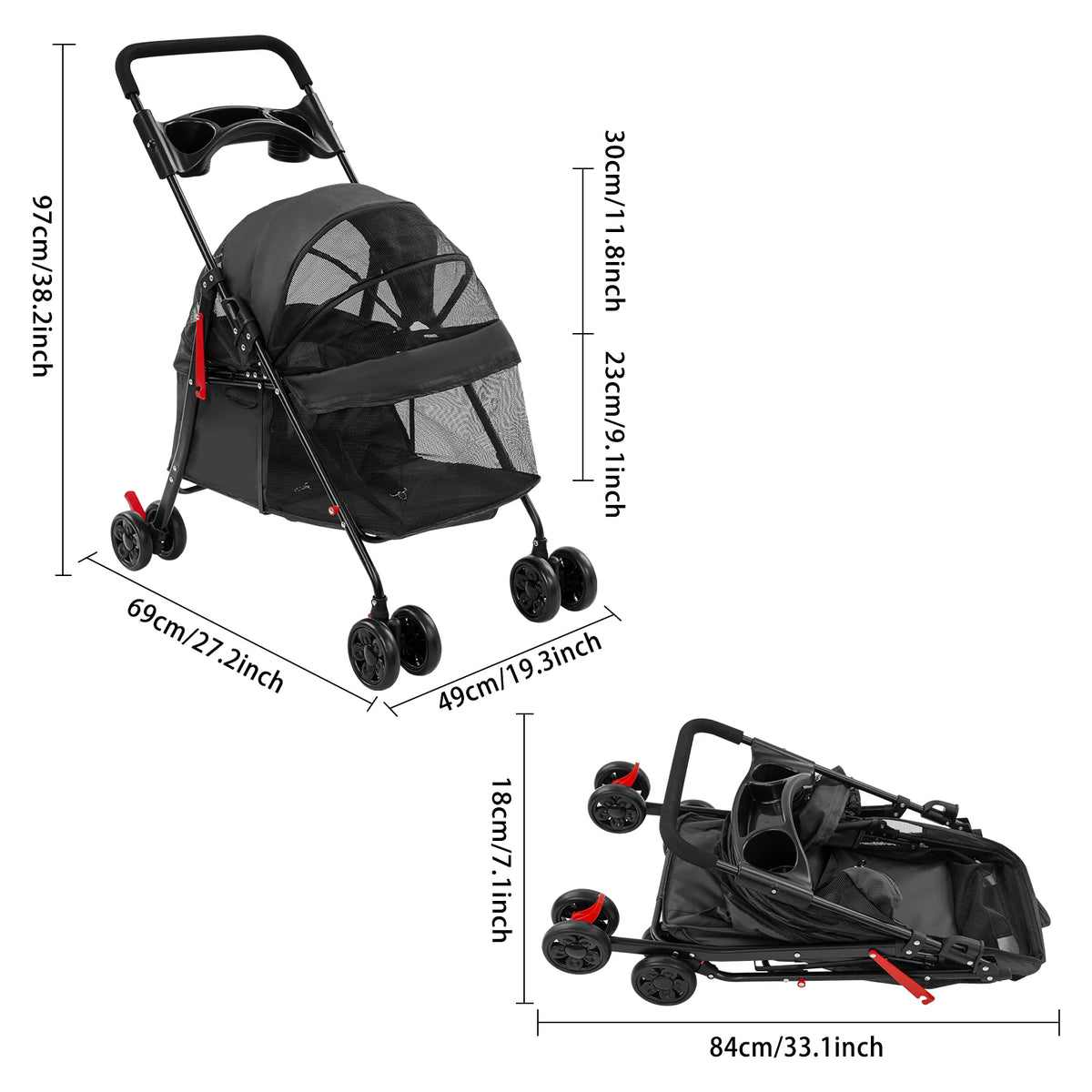 Bymaocar Foldable Pet Stroller Cart for Dogs and Cats