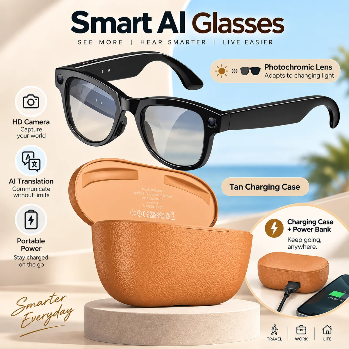 Smart AI Camera Glasses With Bluetooth Translation And Music Playback